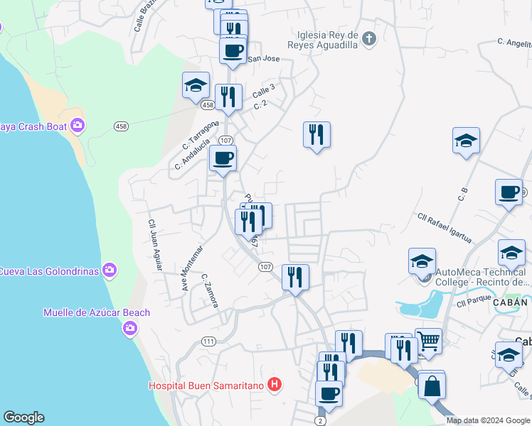 map of restaurants, bars, coffee shops, grocery stores, and more near 84 Puerto Rico 467 in Aguadilla Pueblo