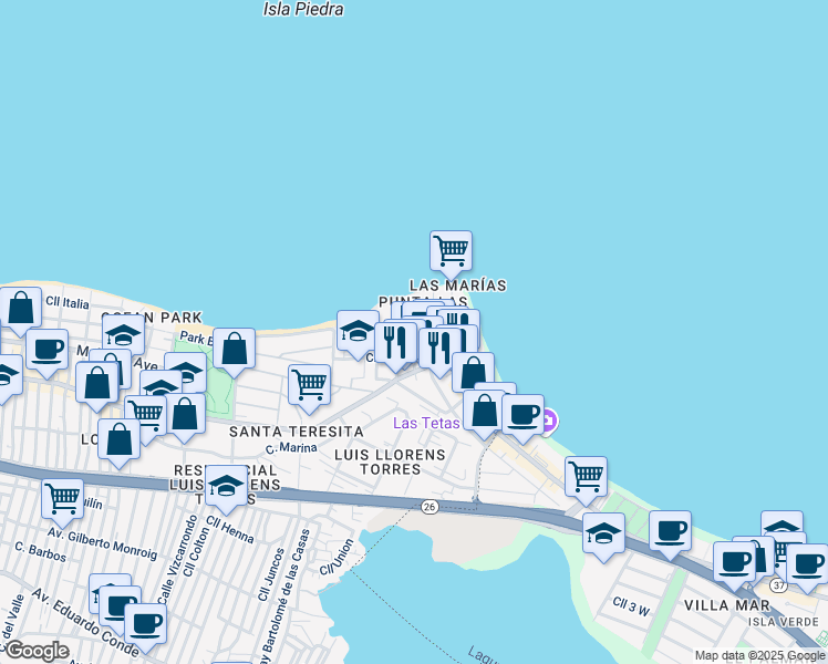 map of restaurants, bars, coffee shops, grocery stores, and more near Calle Caoba in San Juan