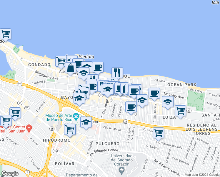 map of restaurants, bars, coffee shops, grocery stores, and more near 70 Calle Kings Court in San Juan