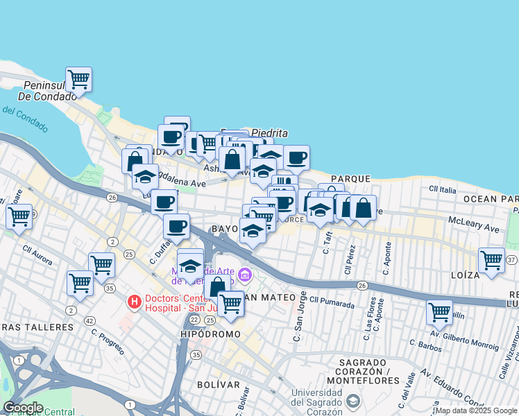 map of restaurants, bars, coffee shops, grocery stores, and more near 66-70 Calle Placid Court 1 in San Juan