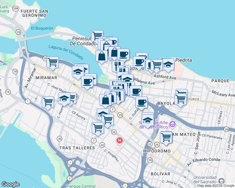 map of restaurants, bars, coffee shops, grocery stores, and more near in San Juan