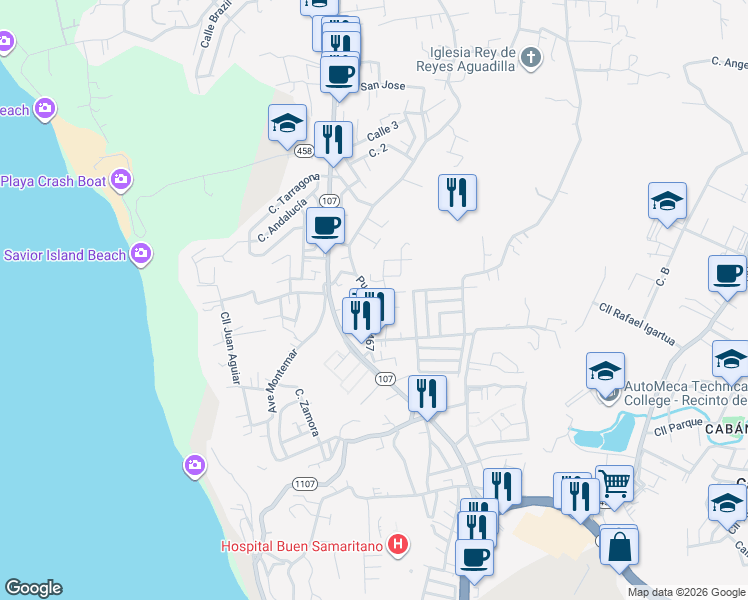 map of restaurants, bars, coffee shops, grocery stores, and more near 84 Puerto Rico 467 in Aguadilla Pueblo