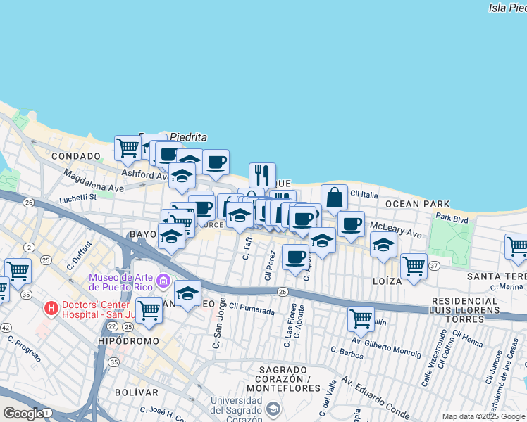map of restaurants, bars, coffee shops, grocery stores, and more near in San Juan
