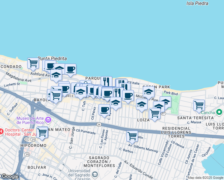 map of restaurants, bars, coffee shops, grocery stores, and more near 3-19 Calle Yardley Pl in San Juan