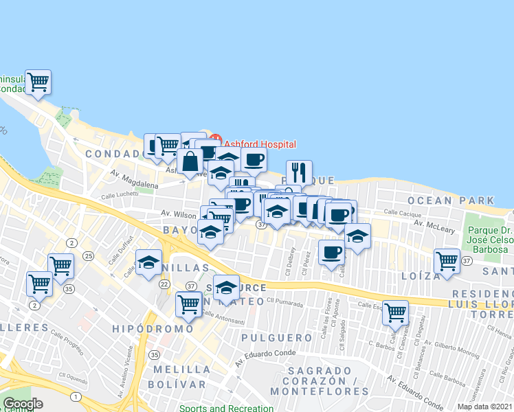 map of restaurants, bars, coffee shops, grocery stores, and more near 1508 Calle Mirsonia in San Juan