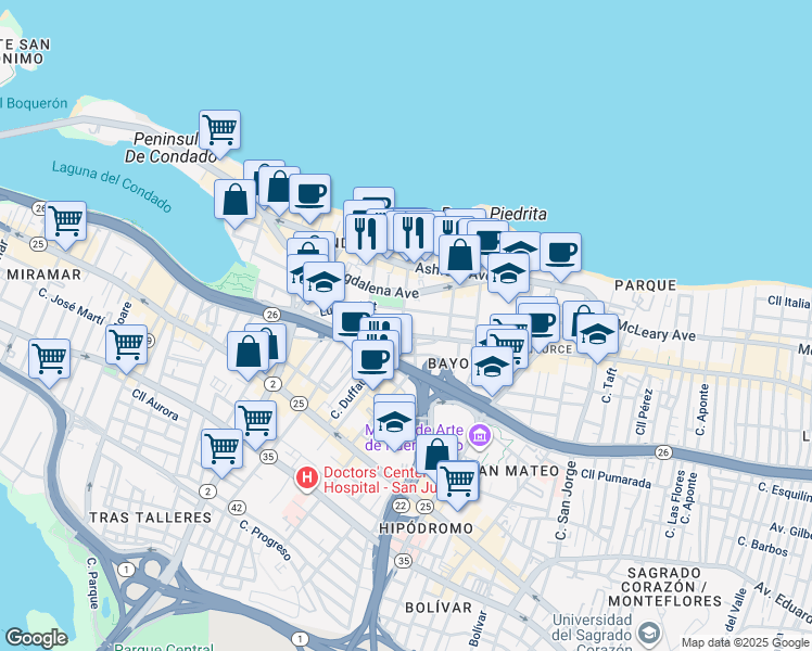 map of restaurants, bars, coffee shops, grocery stores, and more near 84-86 Calle Cervantes in San Juan