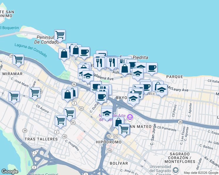 map of restaurants, bars, coffee shops, grocery stores, and more near 84-86 Calle Cervantes in San Juan