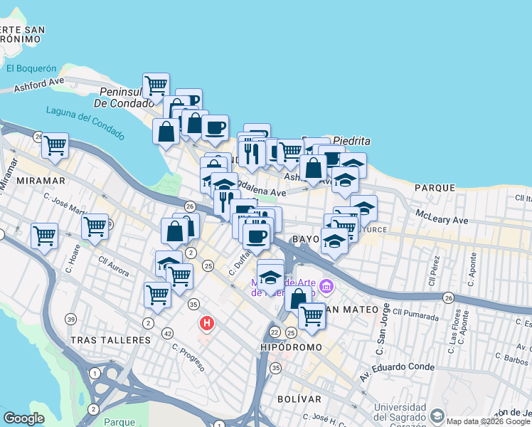 map of restaurants, bars, coffee shops, grocery stores, and more near in San Juan