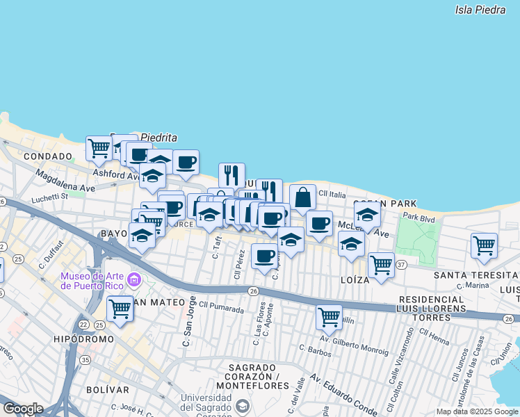 map of restaurants, bars, coffee shops, grocery stores, and more near 16 Calle Pacific in San Juan