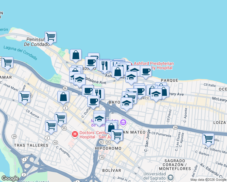 map of restaurants, bars, coffee shops, grocery stores, and more near 72 Calle Manuel Rodríguez Serra in San Juan