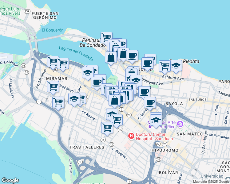 map of restaurants, bars, coffee shops, grocery stores, and more near Cll Soledad in San Juan