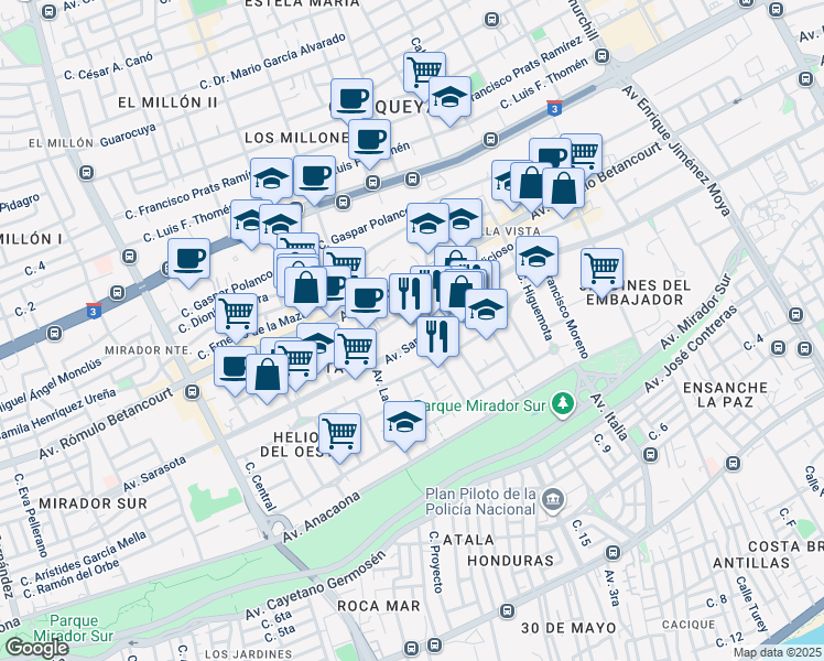 map of restaurants, bars, coffee shops, grocery stores, and more near 77 Av Sarasota in Santo Domingo