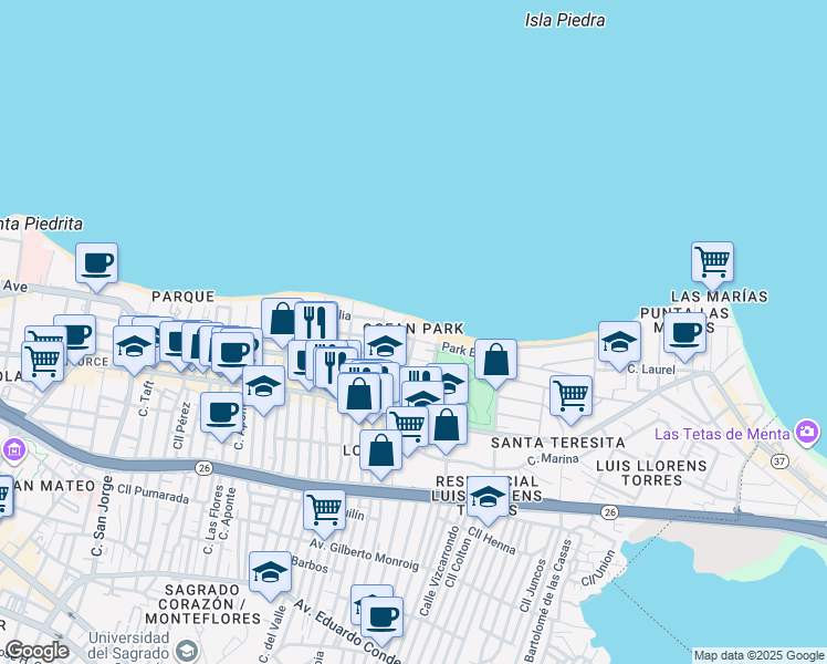 map of restaurants, bars, coffee shops, grocery stores, and more near 2064 Calle España in San Juan