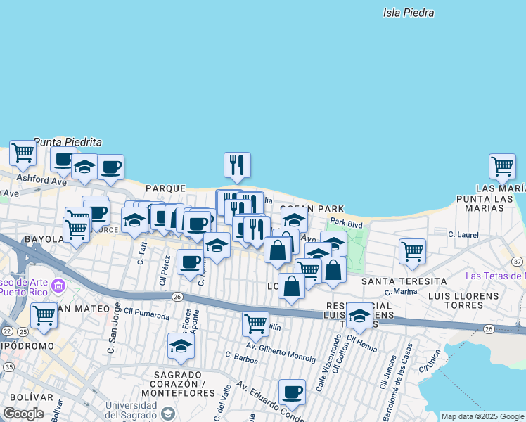 map of restaurants, bars, coffee shops, grocery stores, and more near 2002-2012 Cll España in San Juan