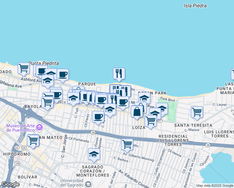 map of restaurants, bars, coffee shops, grocery stores, and more near 18-22 Calle Santa Ana in San Juan