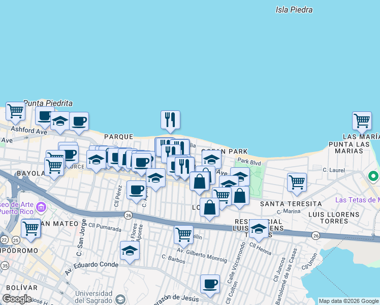 map of restaurants, bars, coffee shops, grocery stores, and more near 2002-2012 Cll España in San Juan