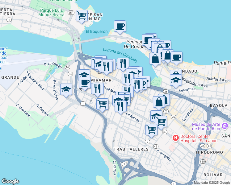 map of restaurants, bars, coffee shops, grocery stores, and more near 900 Calle José Martí in San Juan