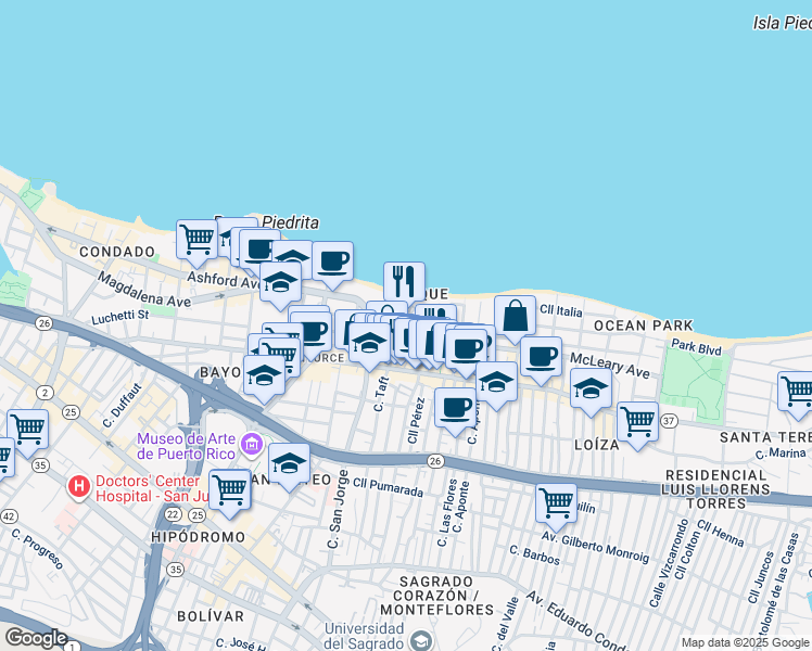 map of restaurants, bars, coffee shops, grocery stores, and more near in San Juan