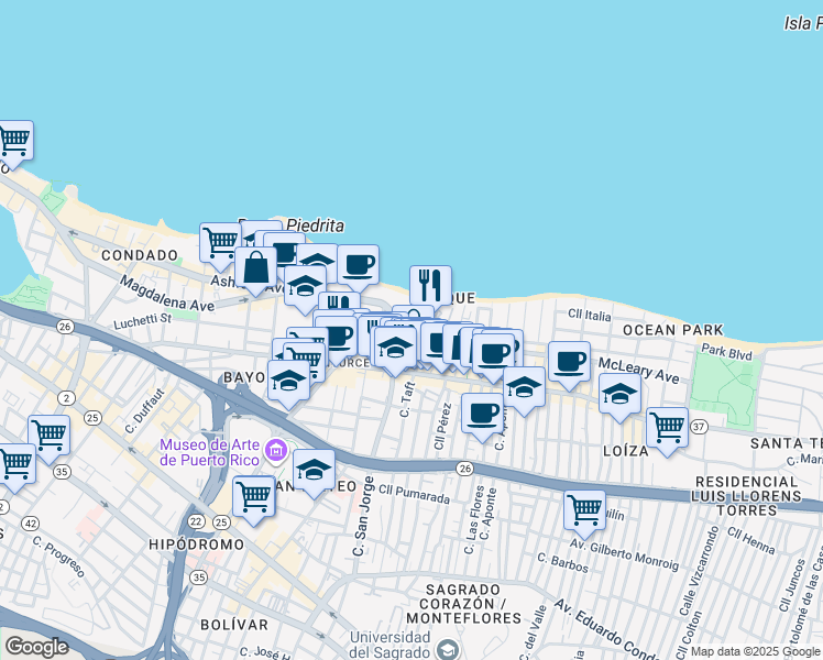 map of restaurants, bars, coffee shops, grocery stores, and more near 70 Calle Kings Court in San Juan
