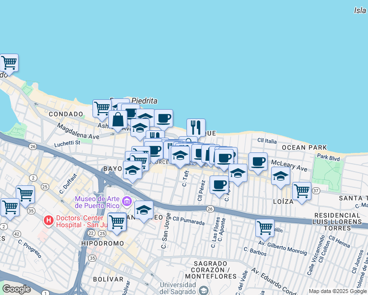 map of restaurants, bars, coffee shops, grocery stores, and more near 70 Calle Kings Court in San Juan