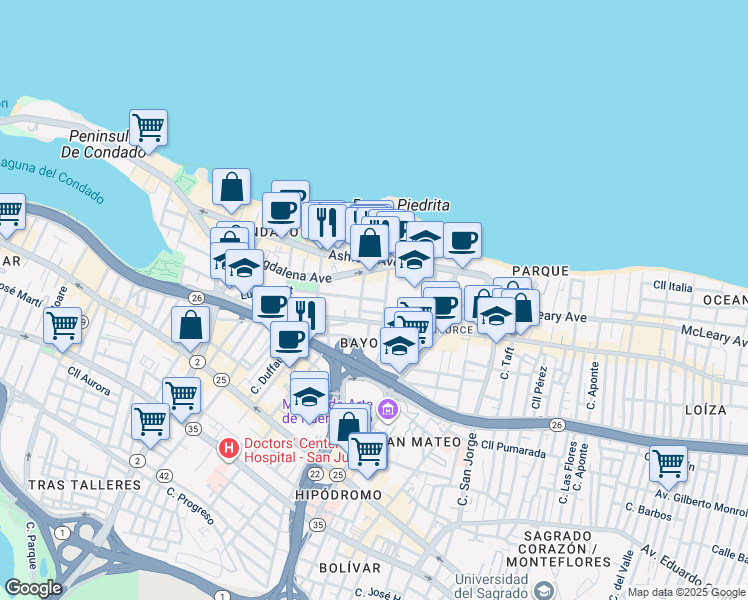 map of restaurants, bars, coffee shops, grocery stores, and more near 72 Calle Manuel Rodríguez Serra in San Juan