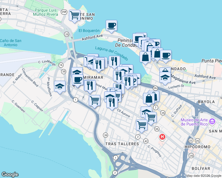 map of restaurants, bars, coffee shops, grocery stores, and more near 900-908 Calle José Martí in San Juan