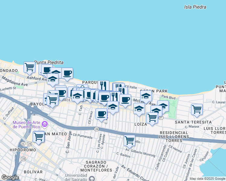 map of restaurants, bars, coffee shops, grocery stores, and more near 3-19 Calle Yardley Pl in San Juan