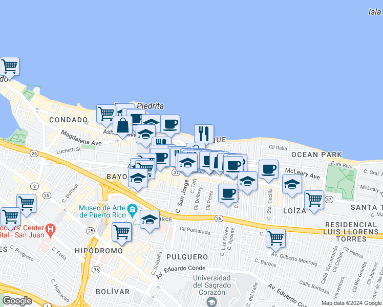 map of restaurants, bars, coffee shops, grocery stores, and more near 70 Calle Kings Court in San Juan