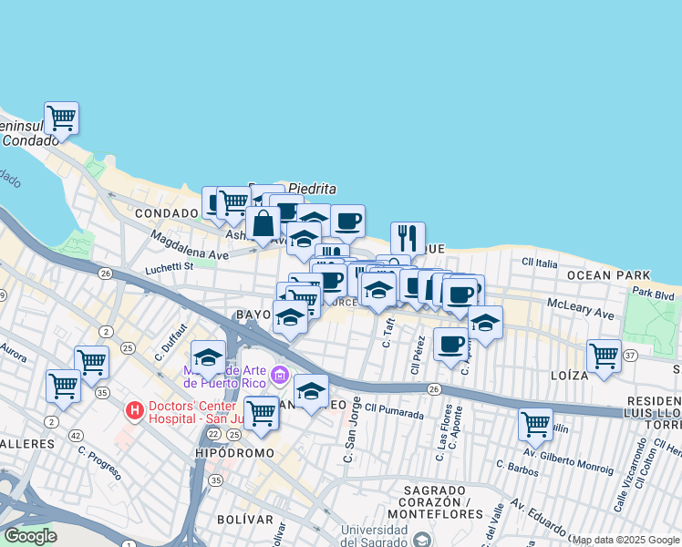 map of restaurants, bars, coffee shops, grocery stores, and more near 1508 Calle Mirsonia in San Juan
