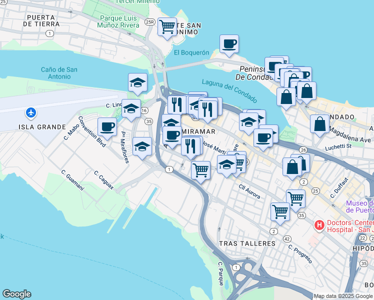 map of restaurants, bars, coffee shops, grocery stores, and more near in San Juan