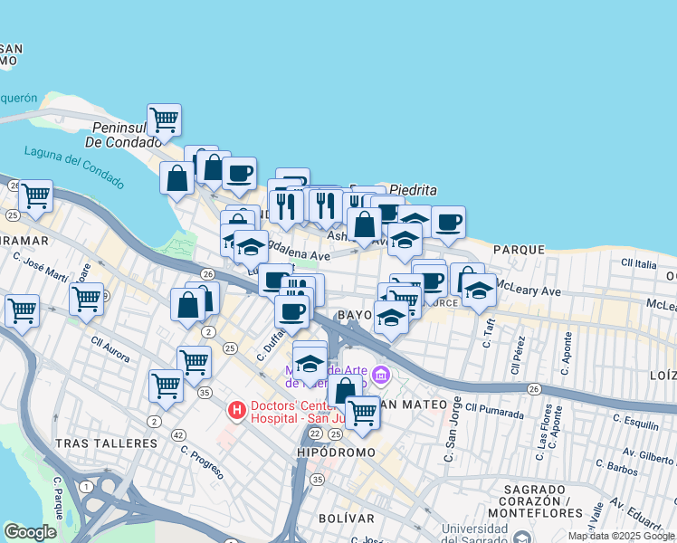 map of restaurants, bars, coffee shops, grocery stores, and more near 84-86 Calle Cervantes in San Juan