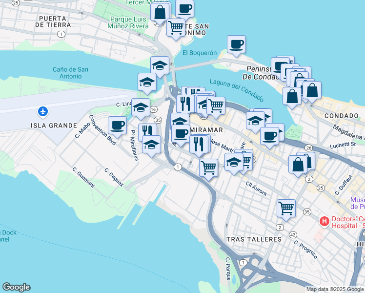 map of restaurants, bars, coffee shops, grocery stores, and more near 710 Avenue Fernandez Juncos in San Juan