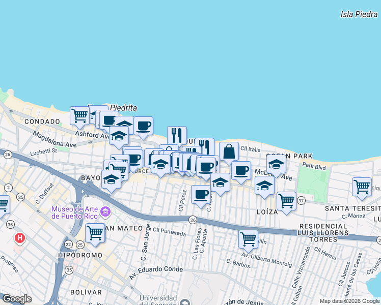 map of restaurants, bars, coffee shops, grocery stores, and more near 16 Calle Pacific in San Juan