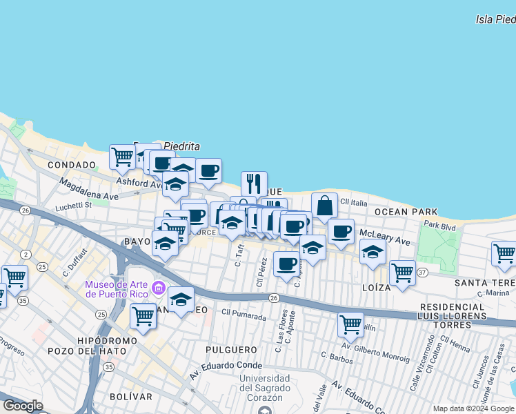 map of restaurants, bars, coffee shops, grocery stores, and more near in San Juan