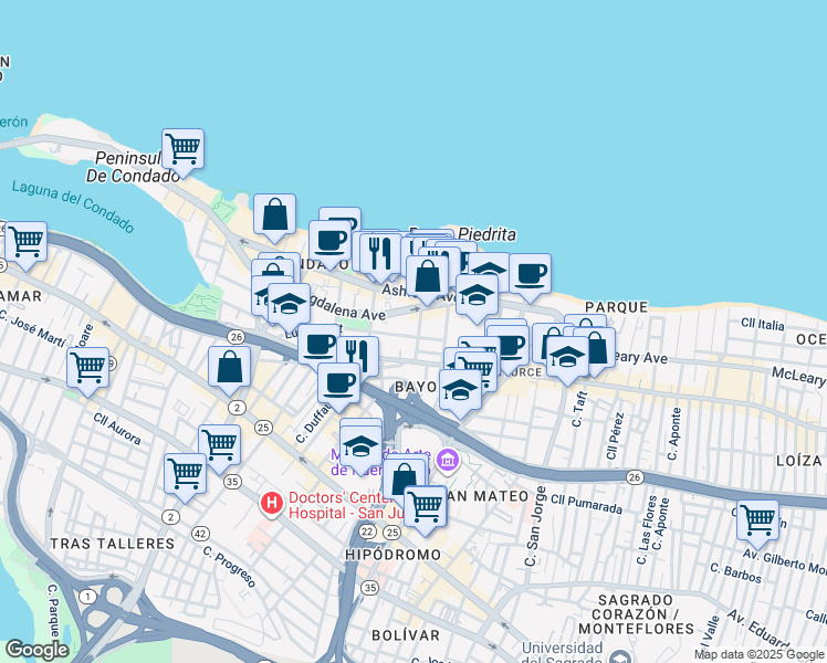 map of restaurants, bars, coffee shops, grocery stores, and more near 72 Calle Manuel Rodríguez Serra in San Juan