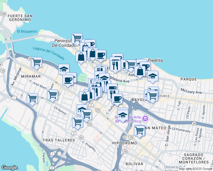 map of restaurants, bars, coffee shops, grocery stores, and more near in San Juan