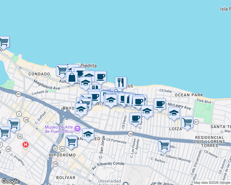 map of restaurants, bars, coffee shops, grocery stores, and more near 70 Calle King's Court in San Juan