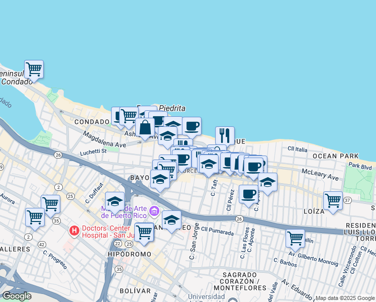 map of restaurants, bars, coffee shops, grocery stores, and more near 1508 Calle Mirsonia in San Juan