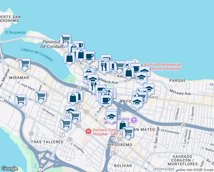 map of restaurants, bars, coffee shops, grocery stores, and more near in San Juan