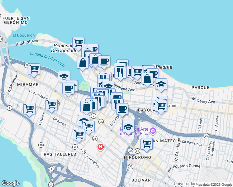 map of restaurants, bars, coffee shops, grocery stores, and more near in San Juan
