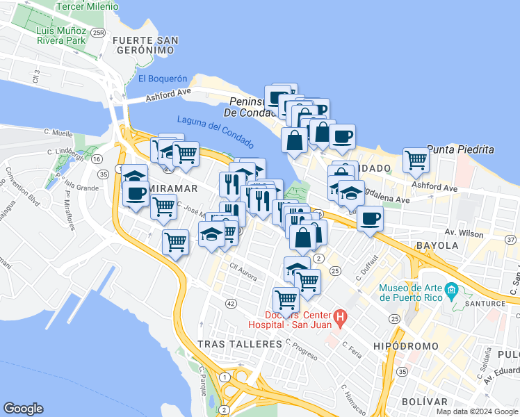 map of restaurants, bars, coffee shops, grocery stores, and more near in San Juan