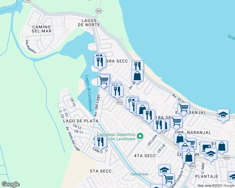 map of restaurants, bars, coffee shops, grocery stores, and more near Boulevard Levittown in Toa Baja