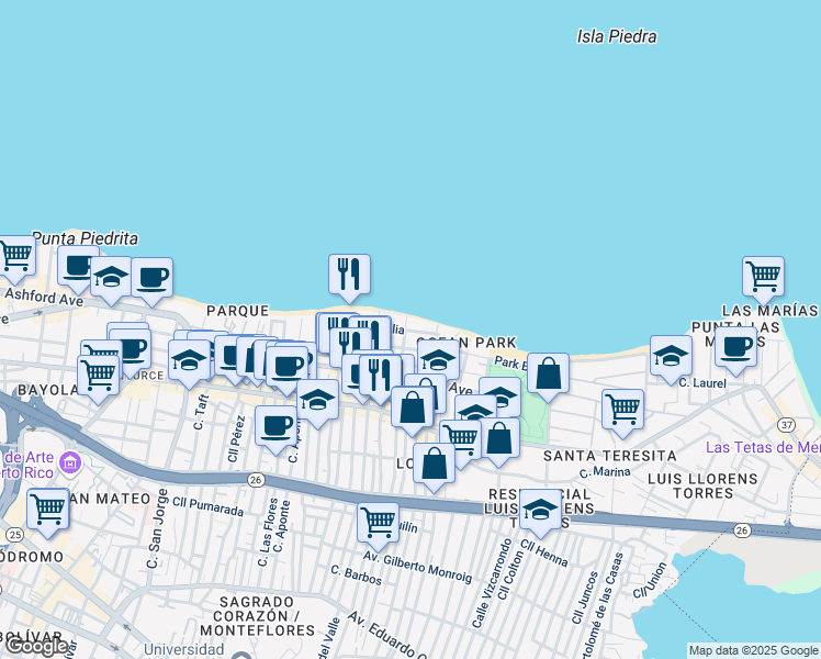 map of restaurants, bars, coffee shops, grocery stores, and more near in San Juan