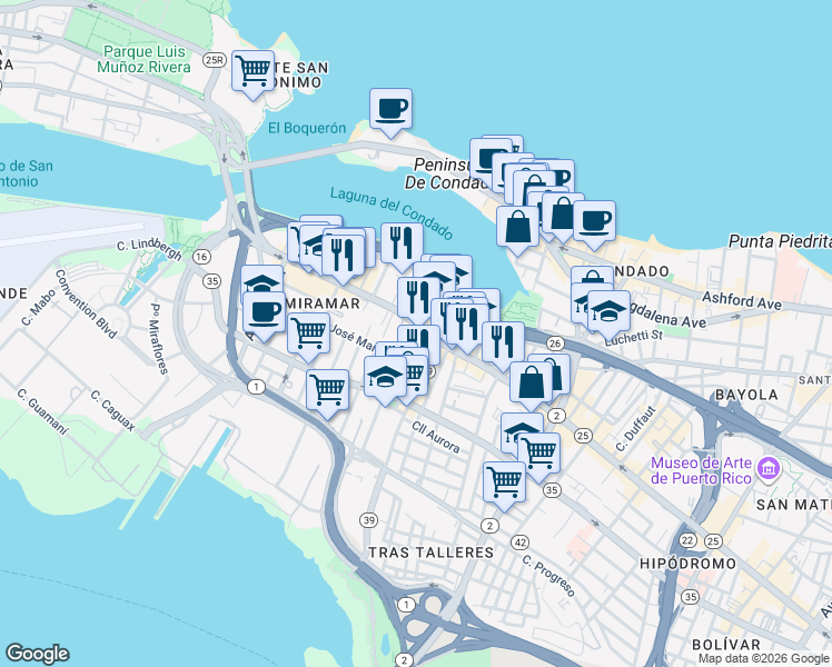 map of restaurants, bars, coffee shops, grocery stores, and more near 954 Avenida Juan Ponce de León in San Juan