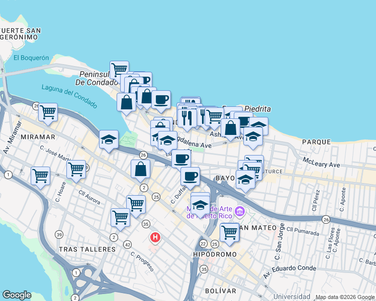 map of restaurants, bars, coffee shops, grocery stores, and more near in San Juan