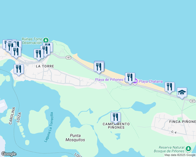 map of restaurants, bars, coffee shops, grocery stores, and more near Highway 187 in Carolina