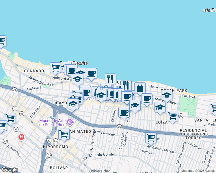 map of restaurants, bars, coffee shops, grocery stores, and more near in San Juan