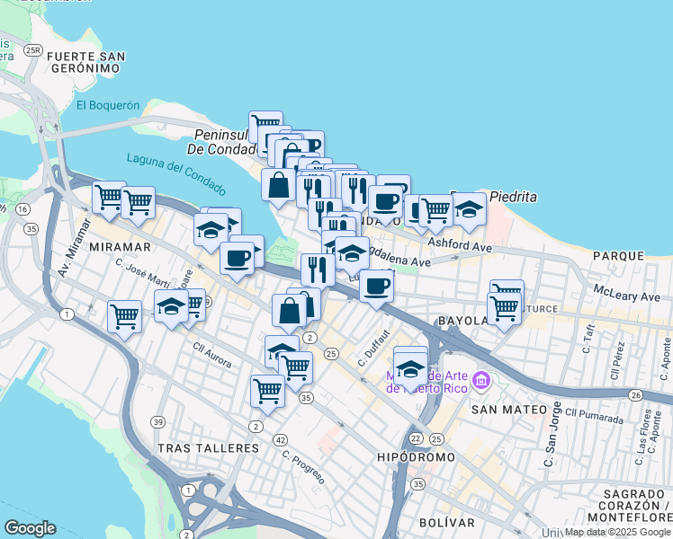 map of restaurants, bars, coffee shops, grocery stores, and more near 63 Calle Luisa in San Juan