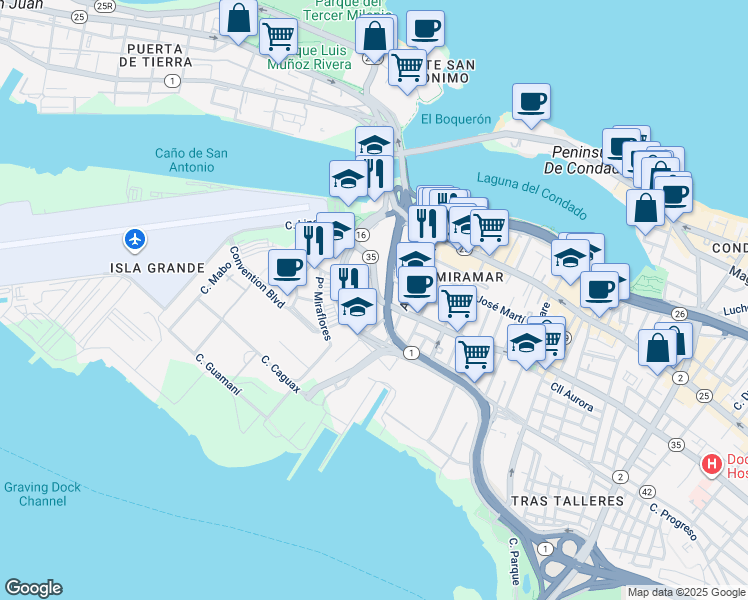 map of restaurants, bars, coffee shops, grocery stores, and more near 602 Avenida Manuel Fernández Juncos in San Juan
