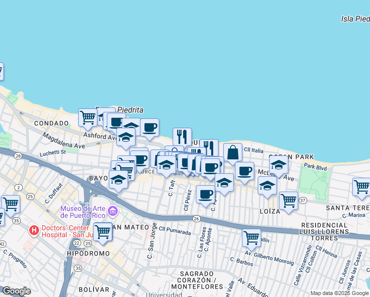 map of restaurants, bars, coffee shops, grocery stores, and more near in San Juan